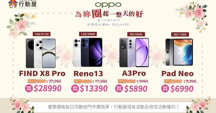 【特賣】OPPO Find X8 Pro 與 Reno 系列母親節特賣活動開跑,折扣最高 9000 元!(5/7-5/13)